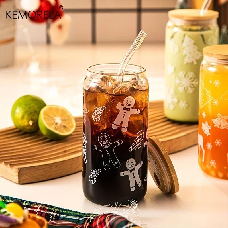 1/4PCS Christmas Glass Cup Beer Can Coffee Mug With Lid And Straw Xmas Tree Elk Tumbler 480ML Drinking Glassware Drinkware Gifts