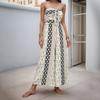 New European American Style Geometric Print Strapless Jumpsuit, Vacation Beach Wide Leg Long Romper