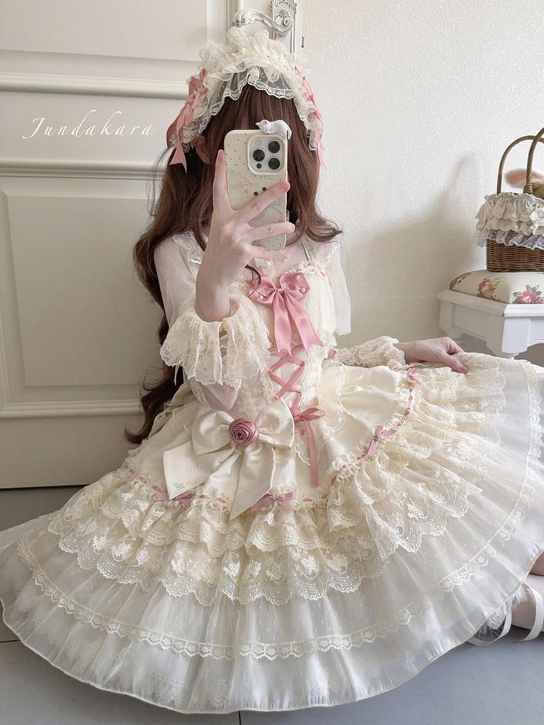 Jundakara Tiered JSK Jumper Skirt with and Perfect for or Palace Perfect for Mori Girl and Beige Women's Ribbons, Ruffles, Lace-Up Design, Cosplay,
