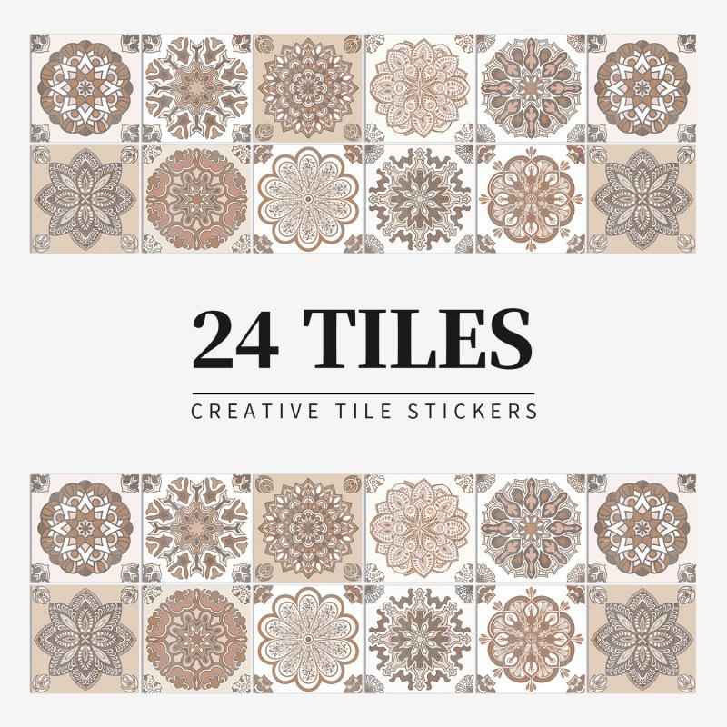 24 European Mandala Flower Tile Stickers: Waterproof, Self-Adhesive PVC for Kitchen & Bathroom Walls