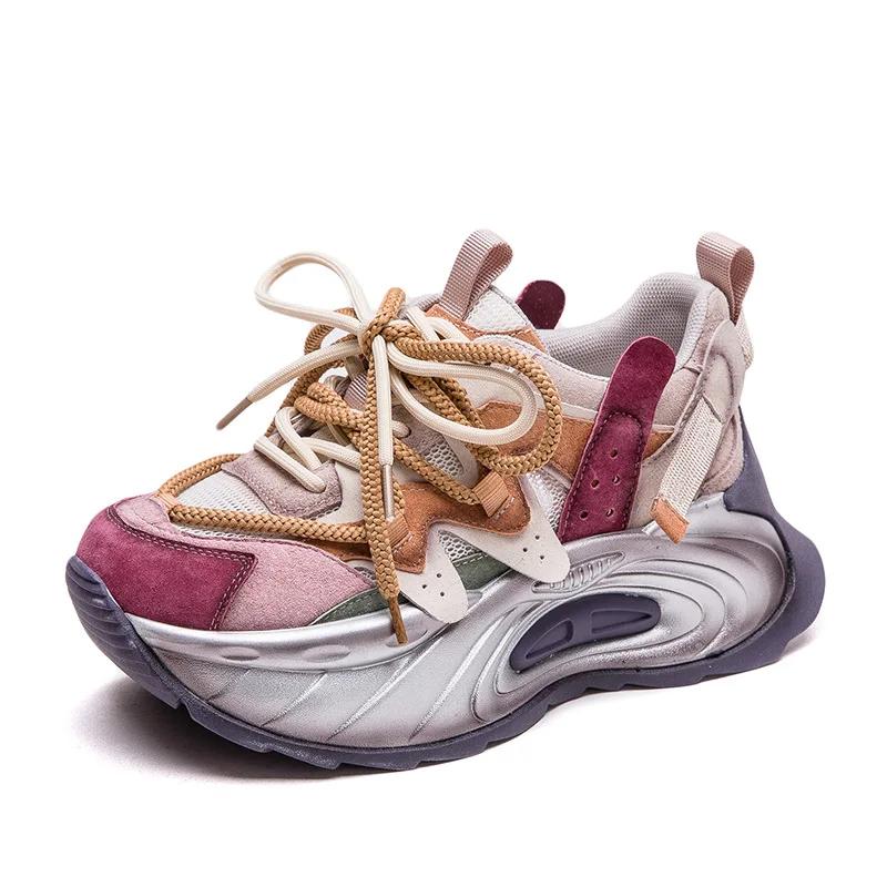 Fashion 6CM Spring Air Mesh Leather Pigskin Women Ankle Boots Flats Booties Mixed Color Fashion Chunky Sneaker Comfy Fall Summer Shoes