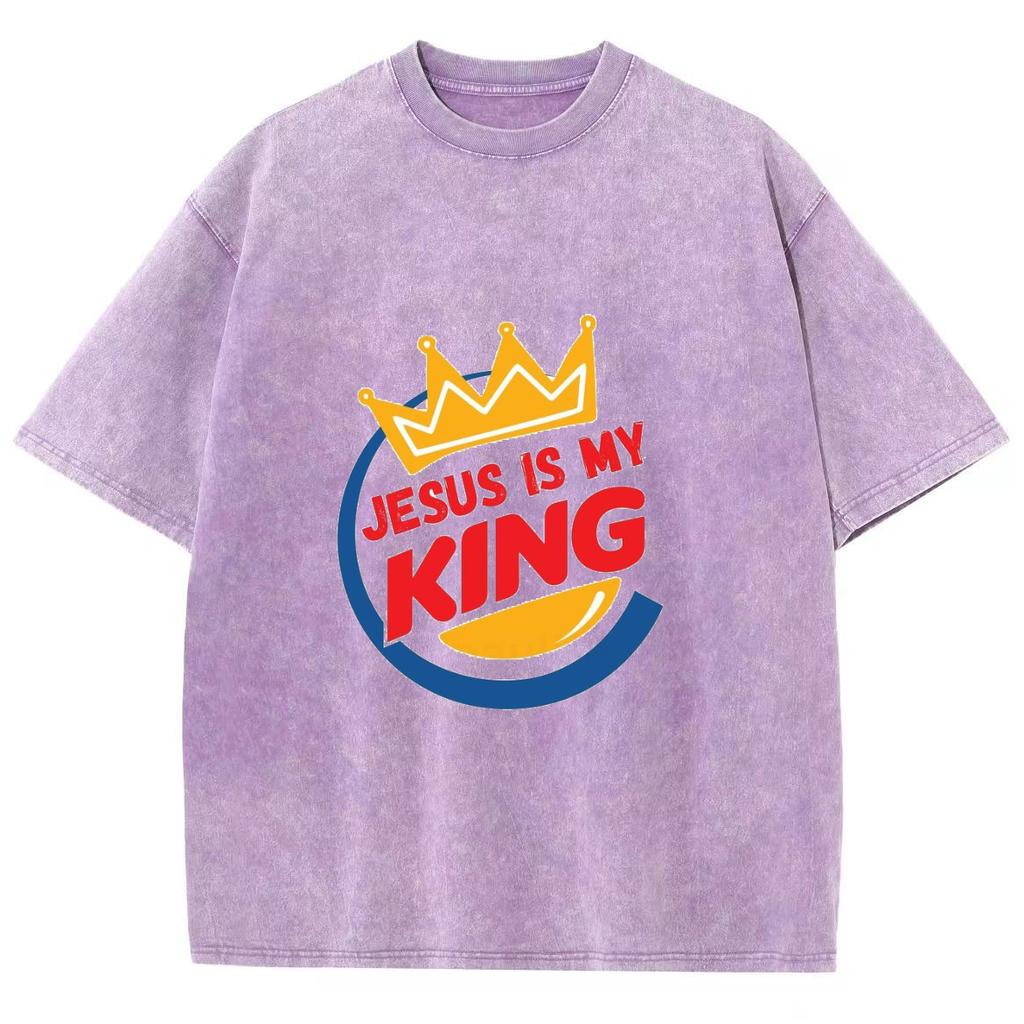 Jesus Is My King Letter Print Women's T-Shirt Wash Oversized Unisex Short Sleeve Simple Casual Design Top Summer