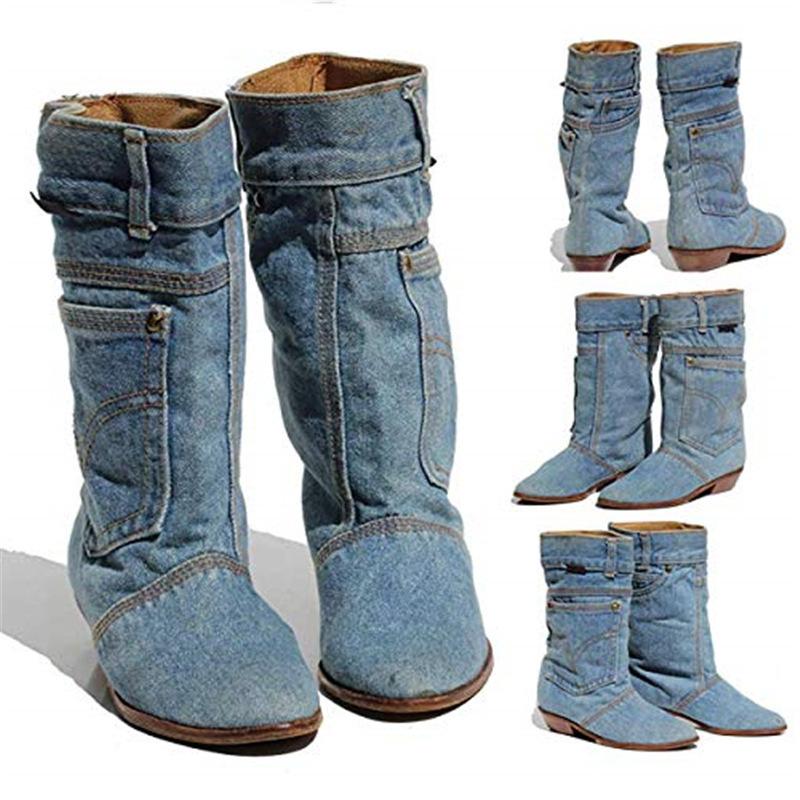 New European and American women's boots mid waist low heel denim casual denim short boots women's autumn and winter denim boot
