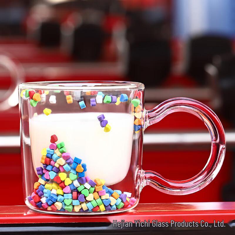 Cute Heart Flow Quicksand Double-Layer Glass Tumbler