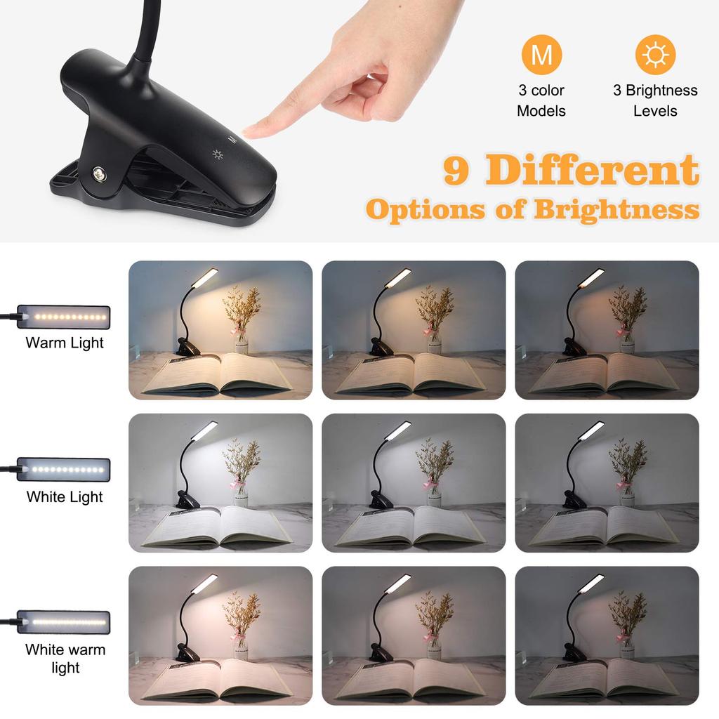 LED Reading Light Book Lights Clip On Desk Eye Protection 360° Flexible Neck USB Rechargeable for Bedroom Study Reading Office