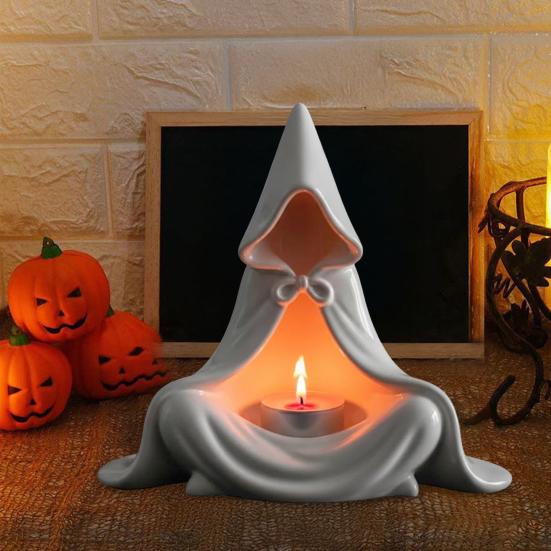 Mystic Wizard Candle Holder Halloween Hooded Cloak Tealight Holder Gothic Candlestick Ornament for Home Tabletop Decor