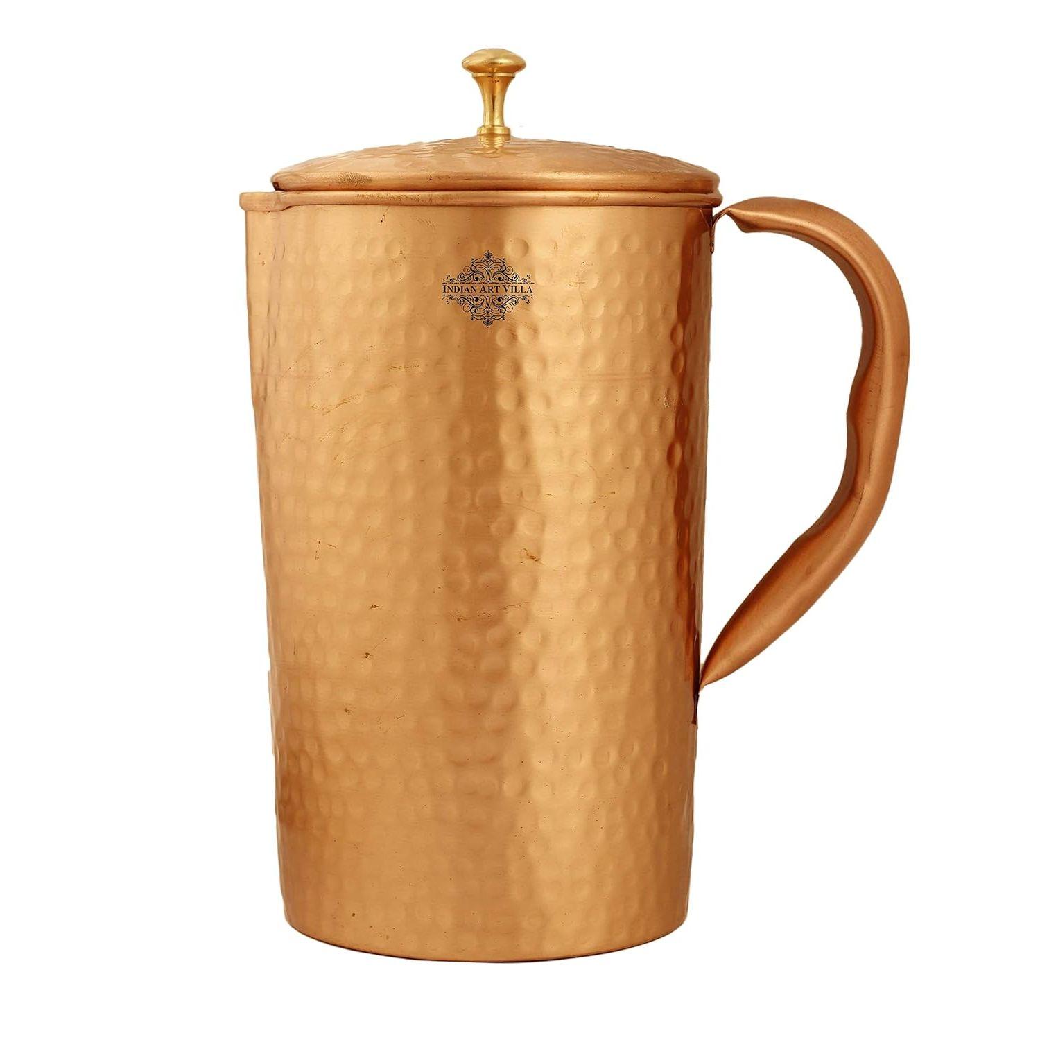 

Hammered Lacqure Coated Copper Jug Pitcher with Brass Knob, Storage & Serving Water, Yoga Ayurveda Healing, Volume- 2000 ML