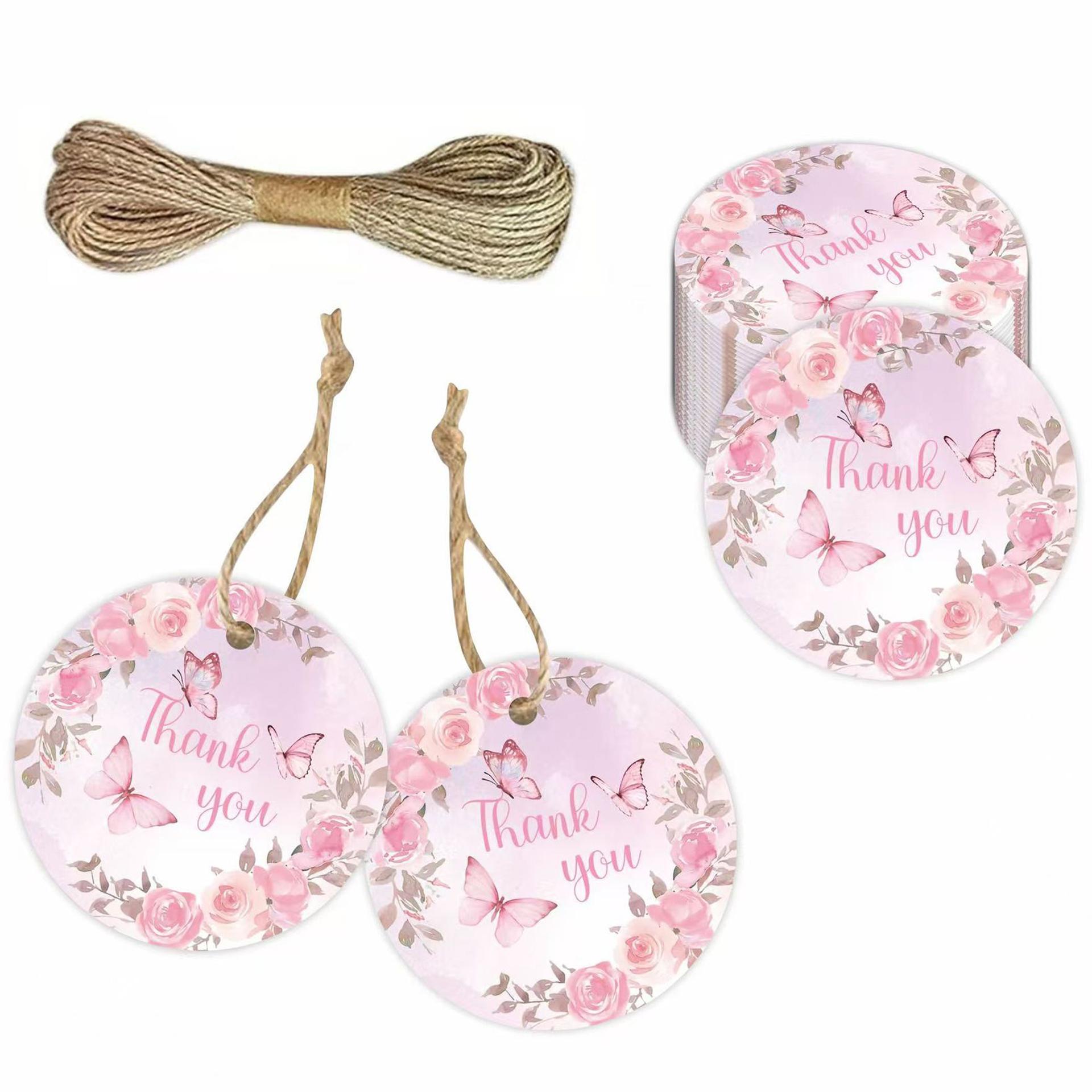 

50Pcs Pink Rose Butterfly Hanging Tags with Rope, Blank Round Cards for Gift Decoration, Message & Thank You Cards