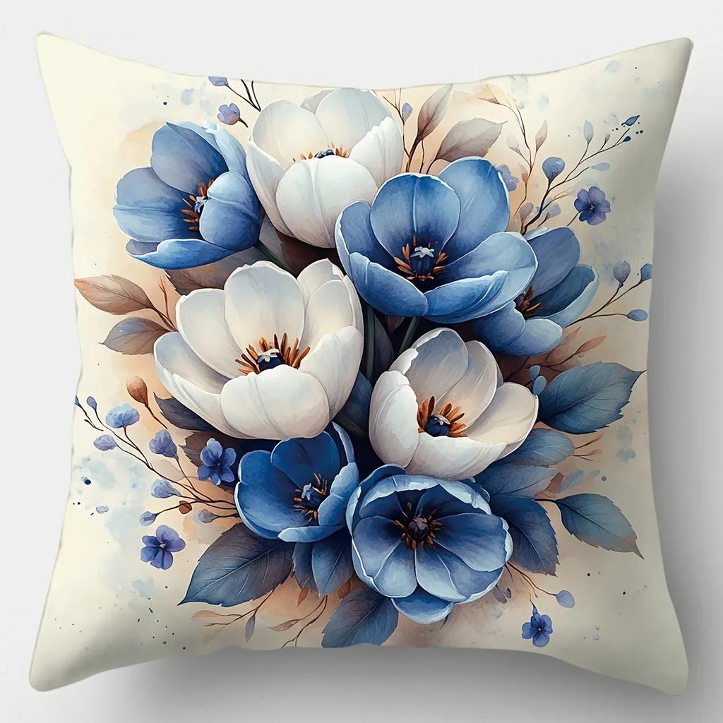 Modrobílý květinový vzor Domácí dekorace Povlak na polštář Obývací pokoj Pohovka Polyesterový povlak na polštář se zipem