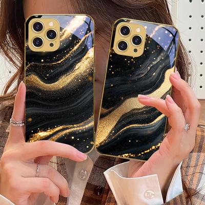 Marbled Black Gray For IPhone 16 Pro Max 15 P Ro 14 M Ax 13 Plus 12 Mini 11Pro Max XS Max XR Golden Tempered Glass Phone Case