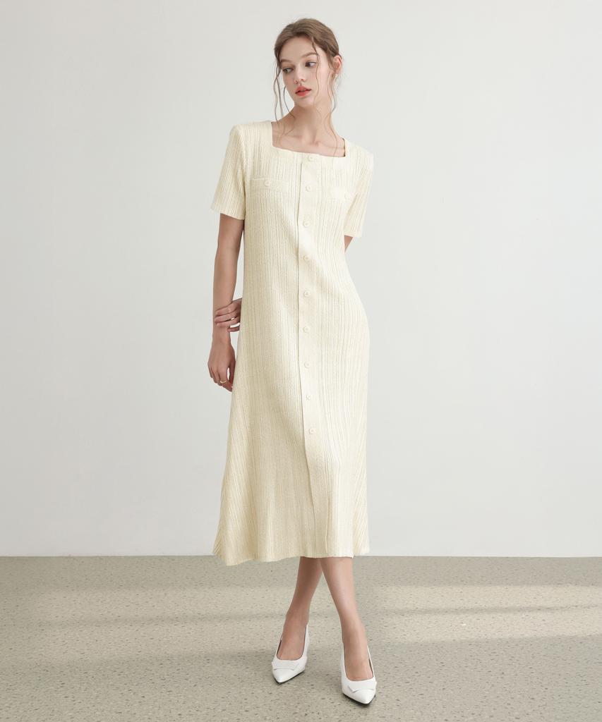 PLEATSMOOD Tweed Pleated Square Neck Dress