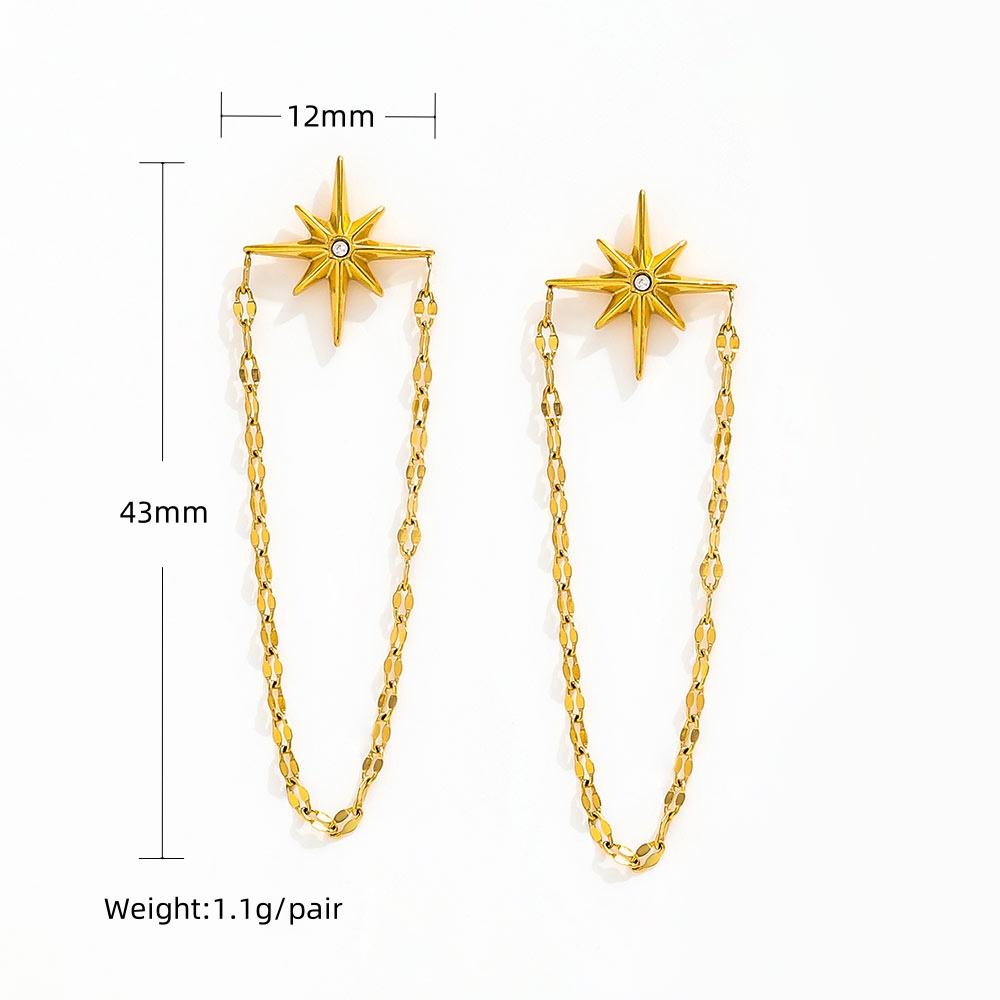 Women s Trendy New Vintage 18K Gold-Plated Stainless Steel Star Burst Zirconia Lip Chain Tassel Stud Earring Dainty Geometric