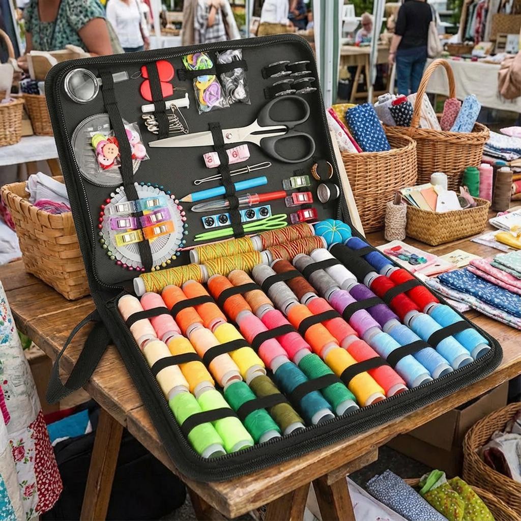 Large Portable Sewing Kit for Home,  Set. 20x14cm, with Threads, Needles, Scissors, Compact