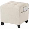Small Ottoman, Square Footstool with Side Pocket, Rubber Wood Legs and Padded Seat for Living Room, Beige