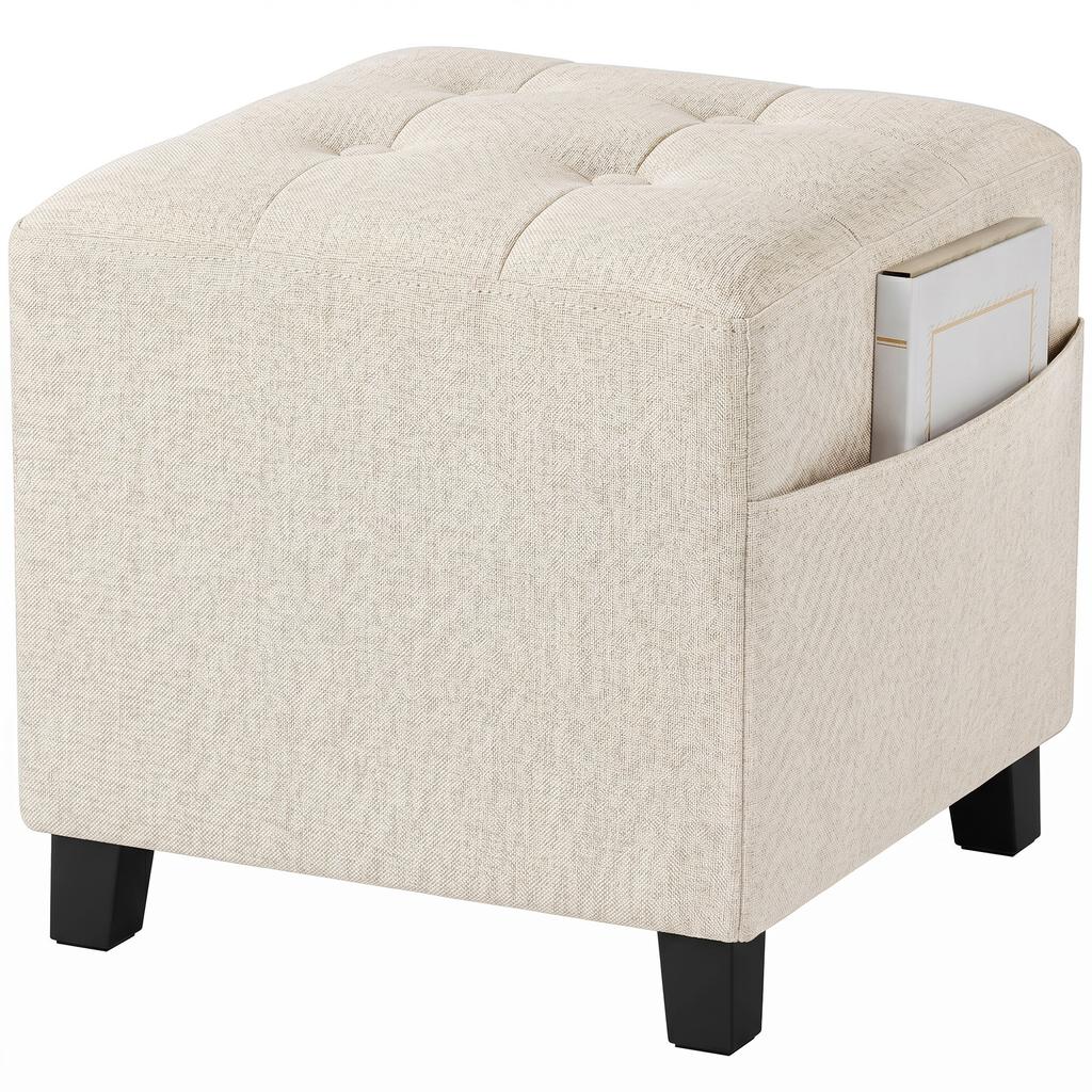 Small Ottoman, Square Footstool with Side Pocket, Rubber Wood Legs and Padded Seat for Living Room, Beige