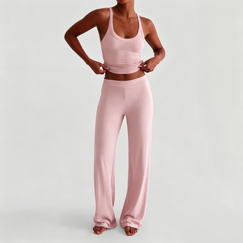 Women's Solid Color Sports Yoga Tank Top and Wide Leg Pants Two Piece Set Stretchy Comfortable Fit