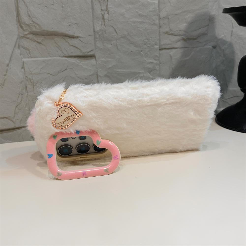 Kawaii Sweet Fluffy Soft Plush Toy Phone Case for SamSung Galaxy S26 Ultra S25 S23 A57 A56 Heart Charm Pom Pom Pendant Cover