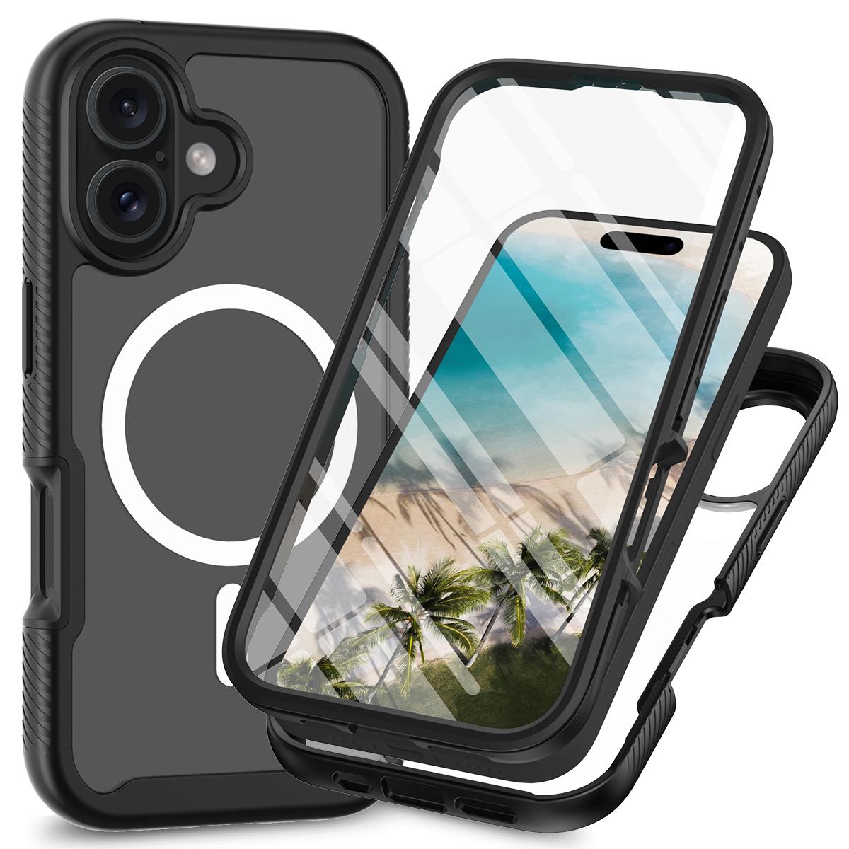 

For iPhone 16 Plus Magnetic Case PC+TPU Phone Cover with PET Screen Film All-Around Protection Black