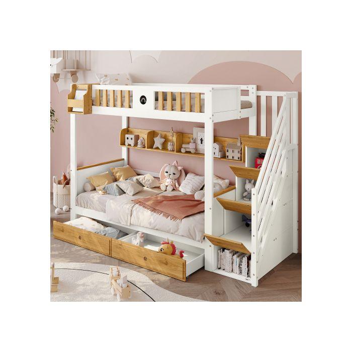 Etagenbett - 90x200 cm - Weiß + Natur - 2 Schubladen - Integrierte Aufbewahrungstreppe