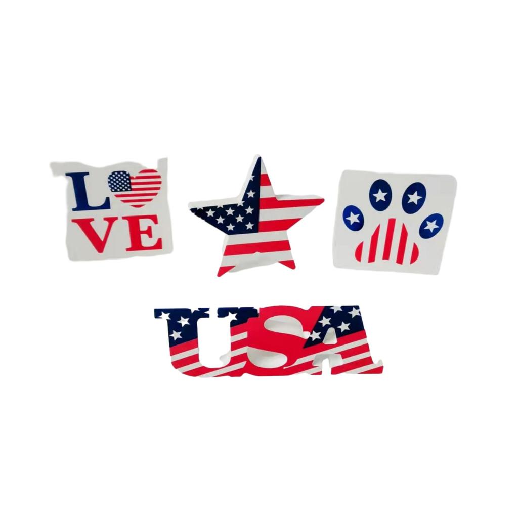 4 Pieces 4th Of July Decor Wooden Patriotic Decorations, Wooden Patriotic Star USA LOVE And Cat Paw Table Signs Fourth Of July Table Decorations