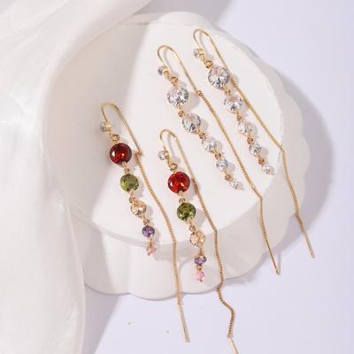 1 Paar farbige runde Quaste, Zirkonia, lange hängende Tropfenohrringe für Frauen, Piercing-Einfädler, Ohrstecker, Ohrschmuck, Schmuck