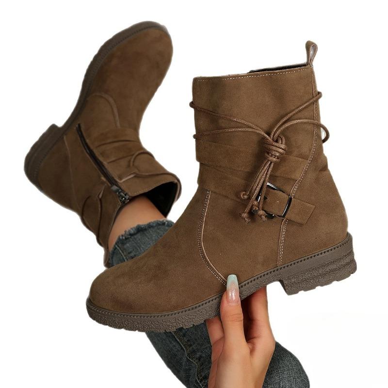 Übergrößen Schuhe, Blockabsätze, Kurze Stiefel für Damen, Neue Damenstiefel mit rundem Zeh und Seitenreißverschluss