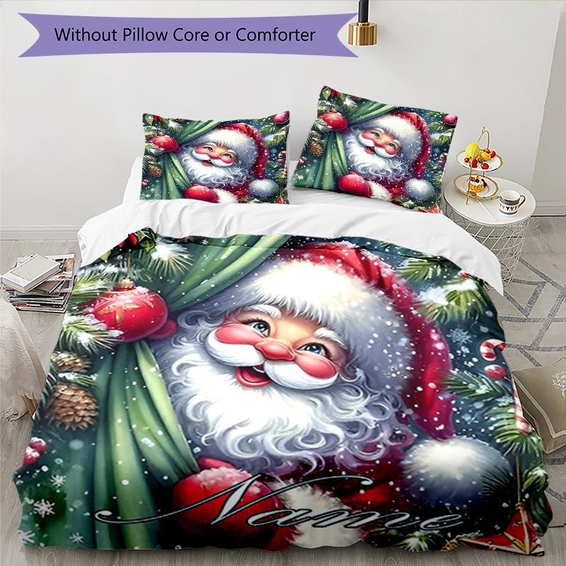 3pcs Custom Name Christmas Santa Claus Bedding Set Duvet Cover Closure Includes 1 Duvet Cover & 2 Pillowcases, Soft and Comfortable for All Seasons.