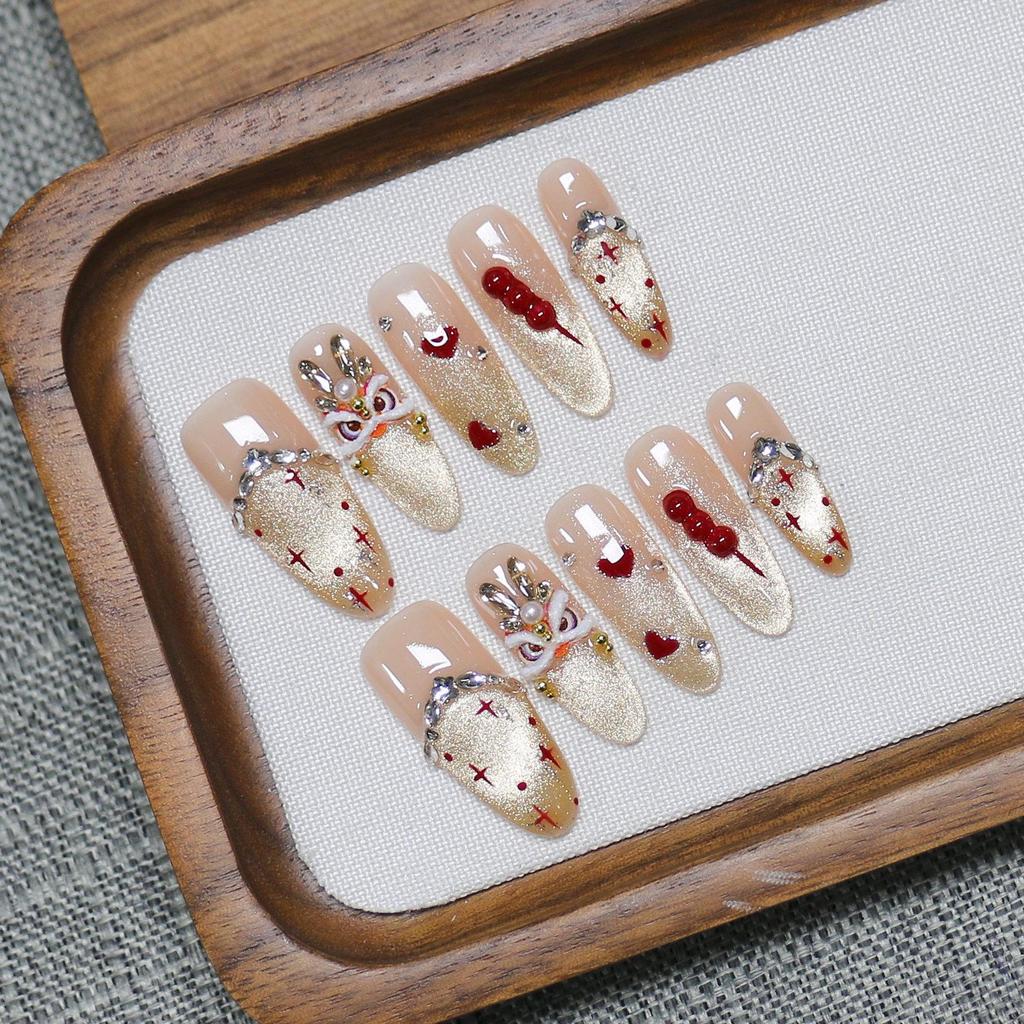 Dragon Rhyme Golden Crimson: Guochao Handcrafted Lion-Inspired Red Gourd Nail Decoration & Whitening Manicure Set