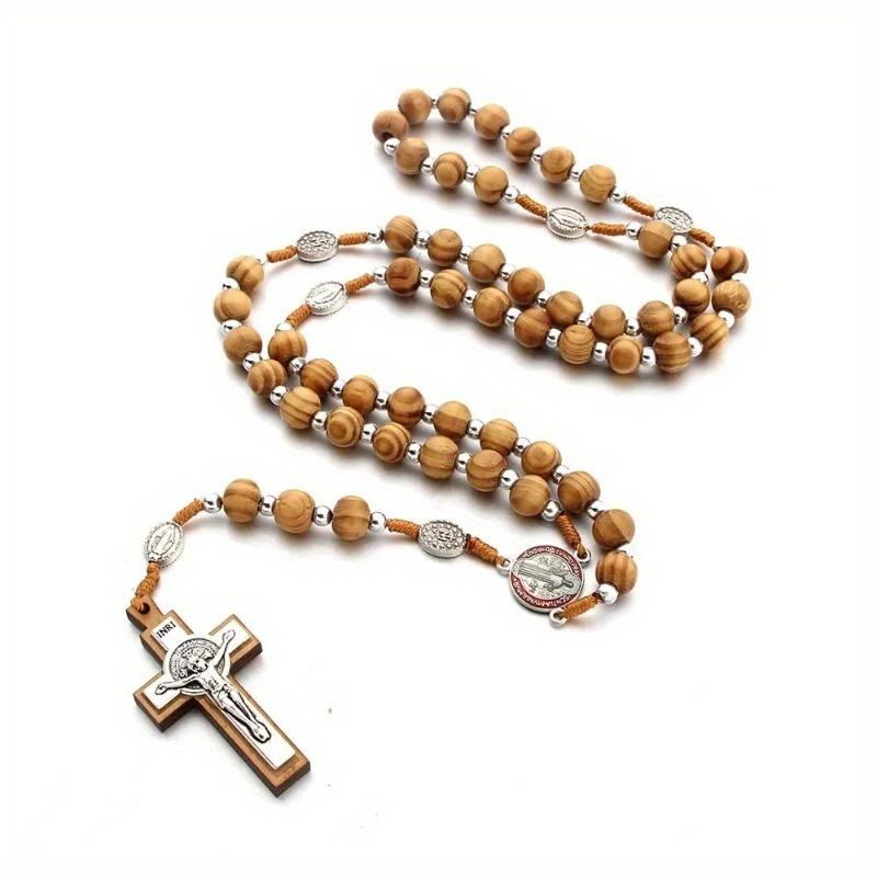 Hand-woven Exorcism Rosary Wood Beads Alloy Benedict Retro Prayer Cross Rosary Car Decor