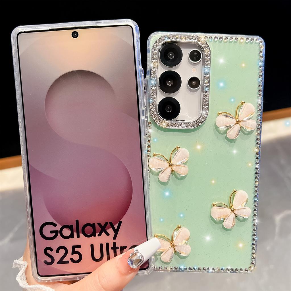 Handmade Sparkly Diamond Glass Butterfly IMD Phone Case, Compatible with Samsung S23 Ultra/S24/S25 & A07/A15/A16/A17/A26/A35/A36/A55/A56