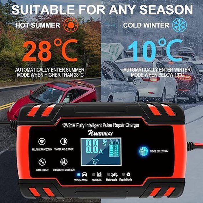 Chargeur de Batterie - Intelligent - 12V/24V - 8A - Écran LCD - Protection Multiple