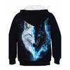 Boy Wolf Pattern Hoodie - Blue Eye Luminous Wolf Face Design, Soft Polyester Fiber Round Neck Hoodie