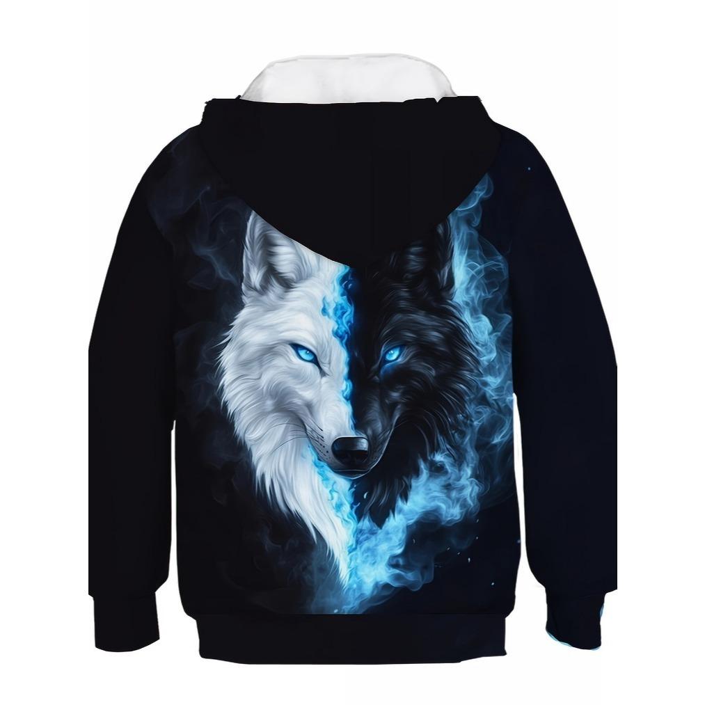 Boy Wolf Pattern Hoodie - Blue Eye Luminous Wolf Face Design, Soft Polyester Fiber Round Neck Hoodie