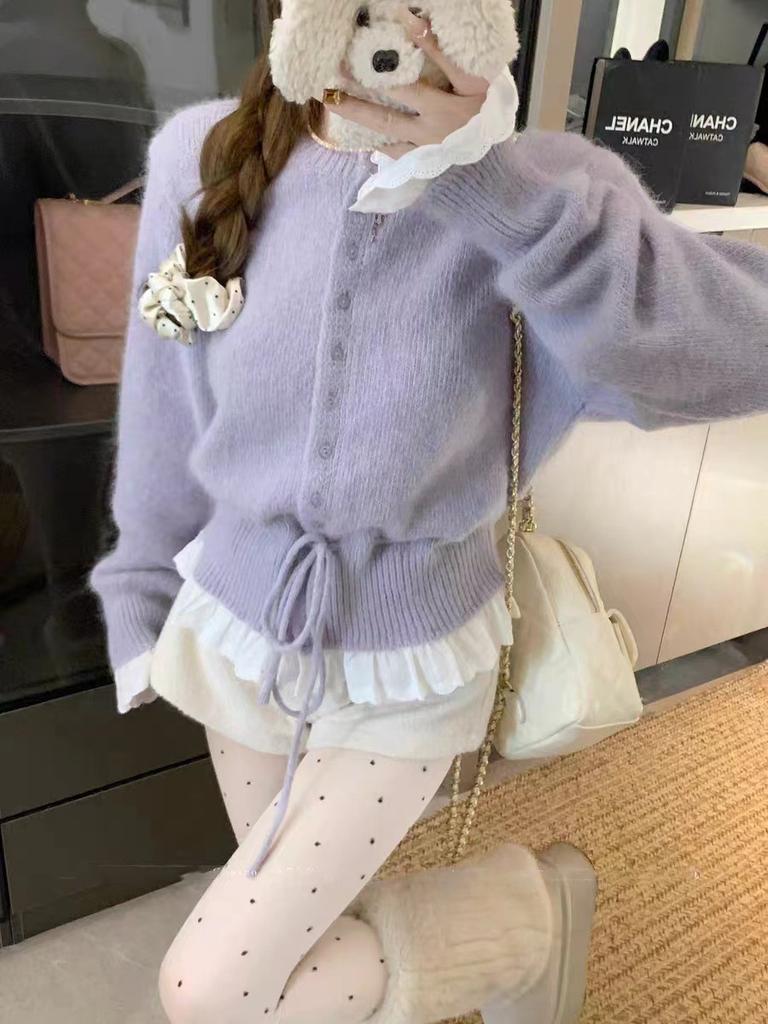 Red lace splicing sweater women's autumn and winter design waist knitted cardigan small short top