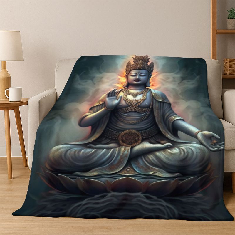 Buddha Shakyamuni Faith Cartoon Flannel Blanket Soft Warm Throw Blanket for Bedroom Living Room Bed Travel Camping Picnic Gift