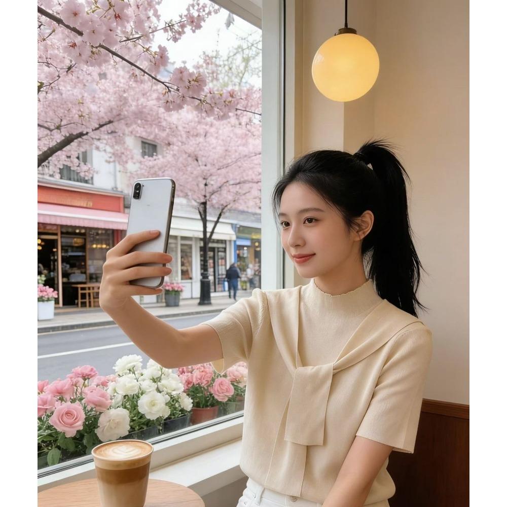 Half-collared Shawl-style Double Short-sleeved T-shirt for Women In Early Spring. New Style, Slim-fitting, Suitable for All Occasions.