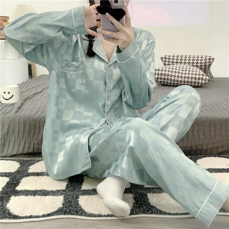 Spring and Summer Ice Silk Pajamas Women Long Sleeve Two Piece Sweet Homewear