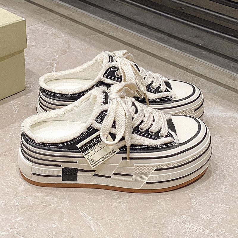 Fashion versatile thick-soled high canvas shoes for women's 2025 spring and autumn new comfortable lace-up outer wear casual soft sole half drag