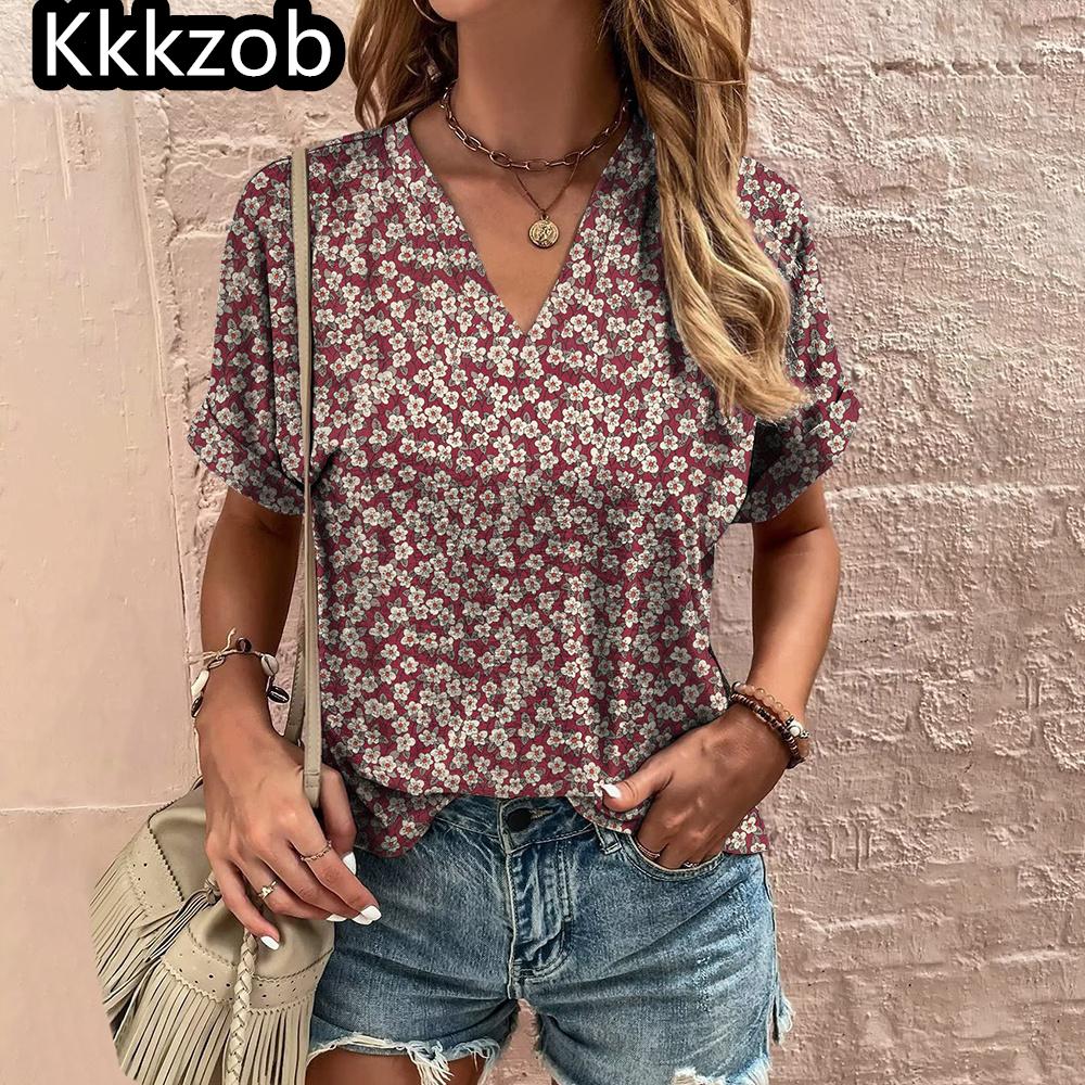 V-neck printed T-shirt floral shirt summer casual blouse fashion ladies clothing