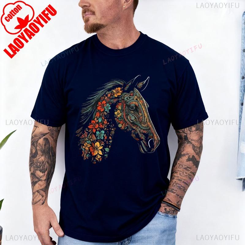 Horse Artwork Flowers  Colourful Riding Animals Horse Cotton TShirt Men and Women Crew Neck Soft Casual Outdoors Fashion Tees S