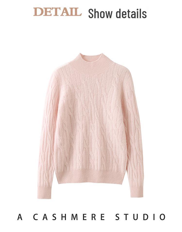 Women's Cashmere Cable Knit Sweater: Autumn/Winter Long Sleeve, Loose Fit, Half-High Neck, Thick and Warm Base Layer.