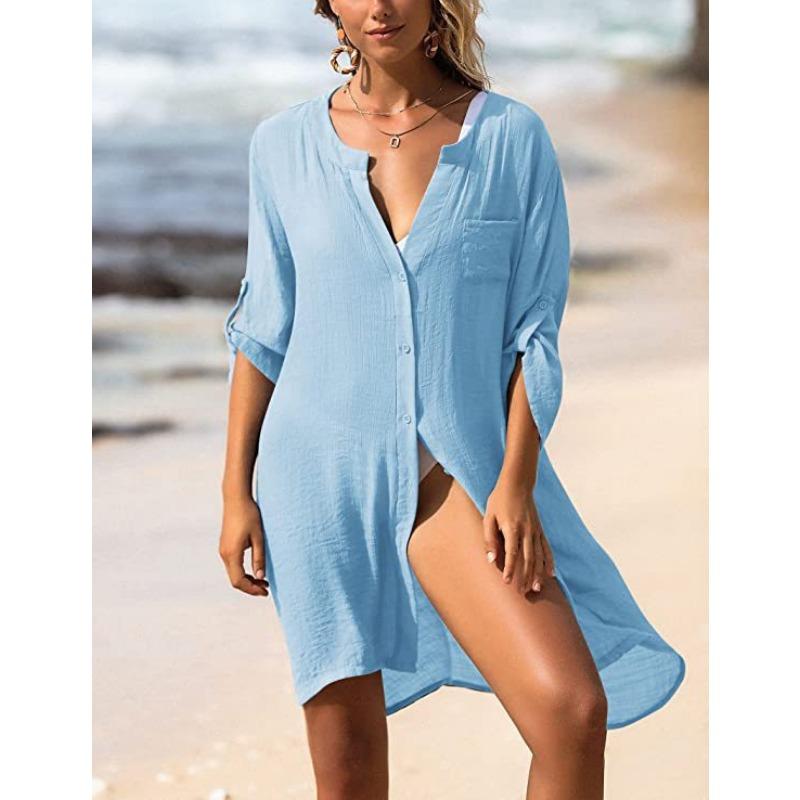 Sommer Damen Übergröße Strickjacke Hemd Bluse Kleid Mini Kurzes Kleid Sonnenschutz Strandhemd