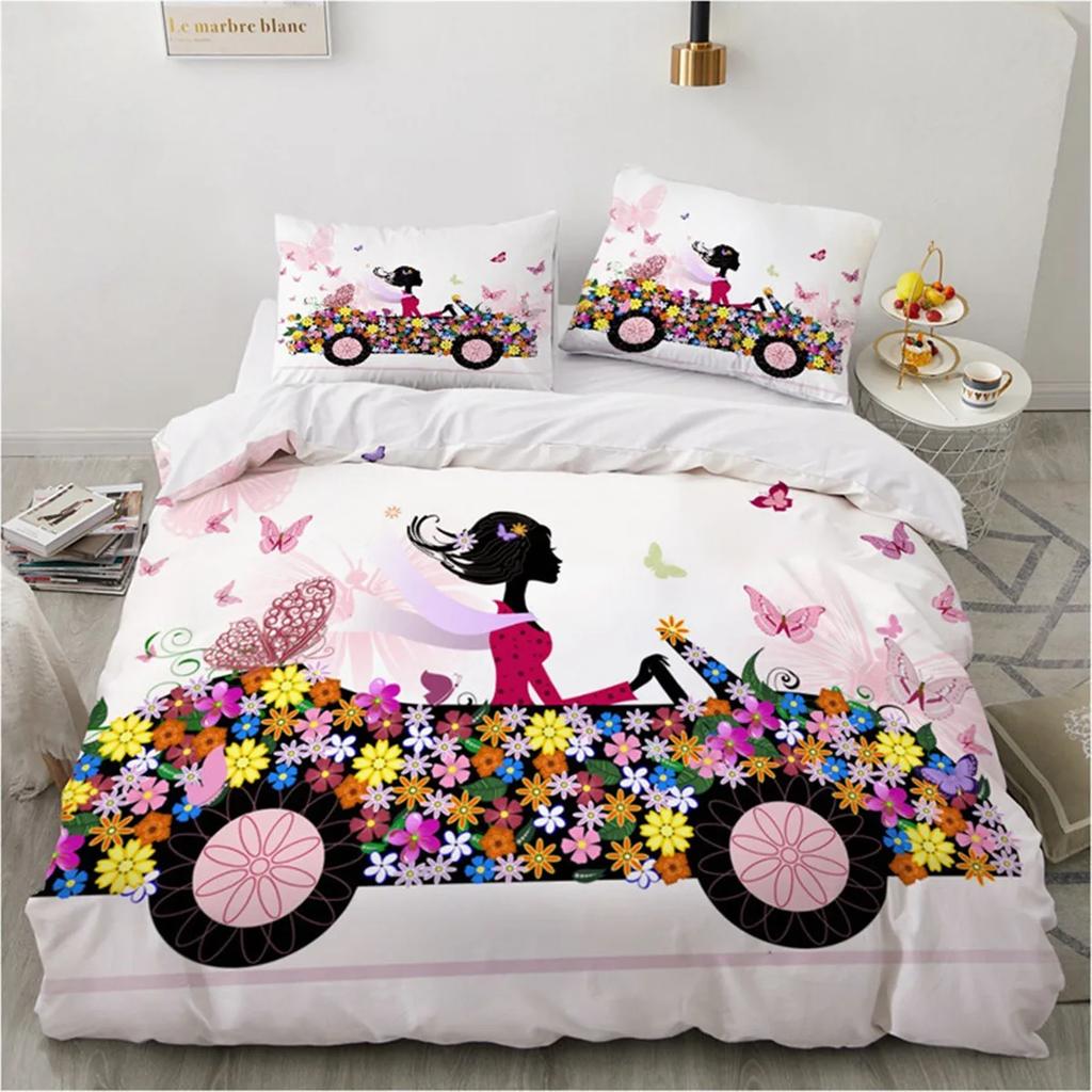 Cartoon Girly Butterfly Duvet Cover Lovely Pink Flower Fairy With Wings Romantic For Children Women Gifts For Bedroom Decoration