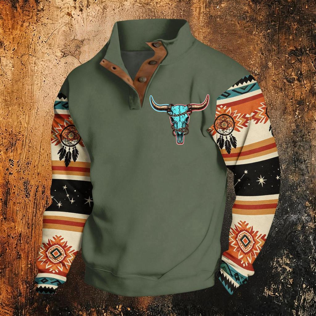 Men's Print Hoodie, Western Long Sleeve Pullover Sweatshirt with Pattern