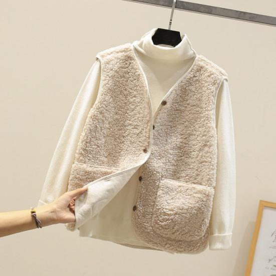 Women Autumn Winter Vest Coat Solid Sleeveless Faux Color Lamb Wool Waistcoat Short