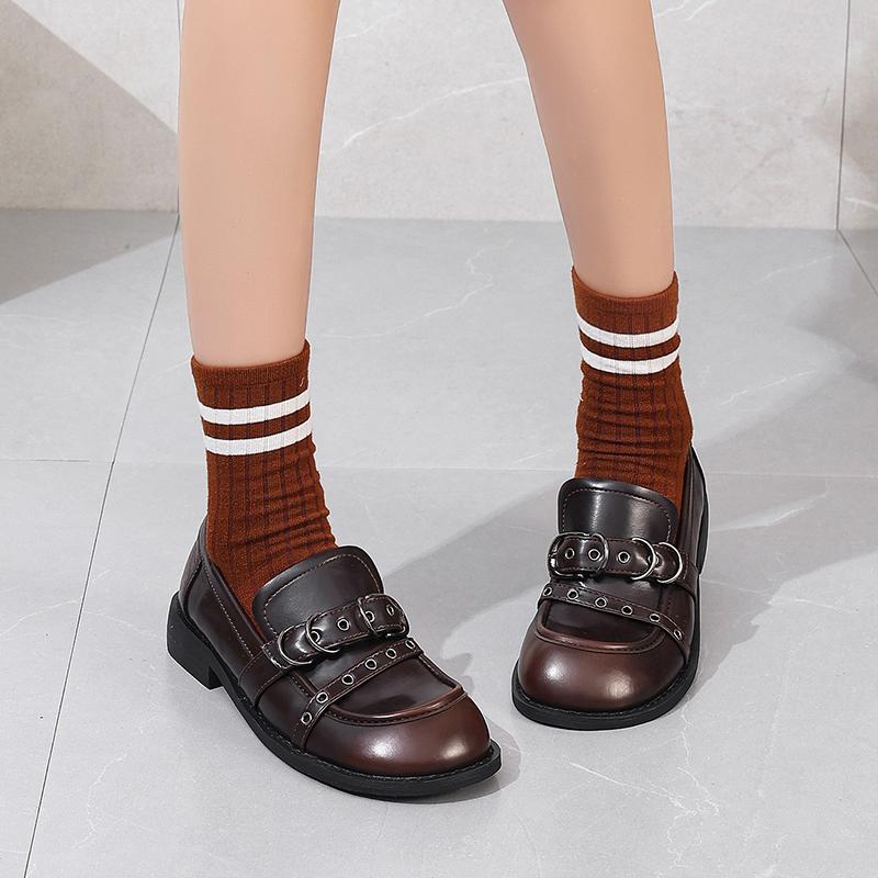 2025 Women round Toe Chunky Heel Retro Style College British Leather Shoes Easy to Wear Flat Footwear Adults Female Loafers