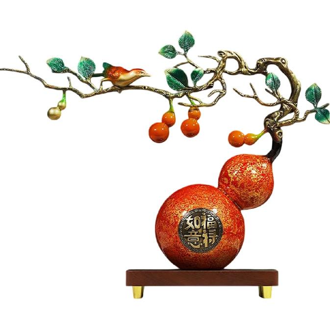 Exquisite Copper Gourd & Bird Statue - Traditional Chinese Feng Shui Decor with Intricate Detailing, Handcrafted Copper Craftsmanship for Home