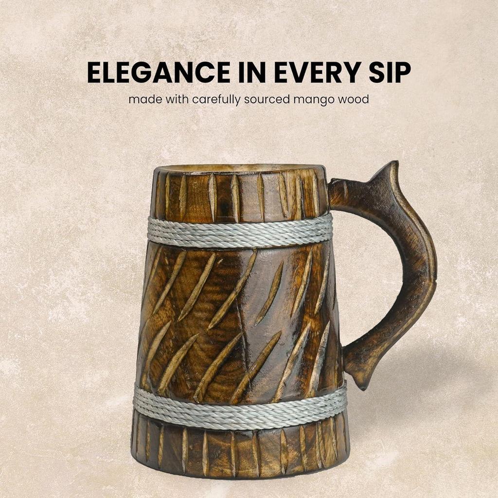 Handmade Wooden Beer Mug, Mango Wood with Sheesham Finish, Barrel Style, Lightweight & Durable, for Craft Beer