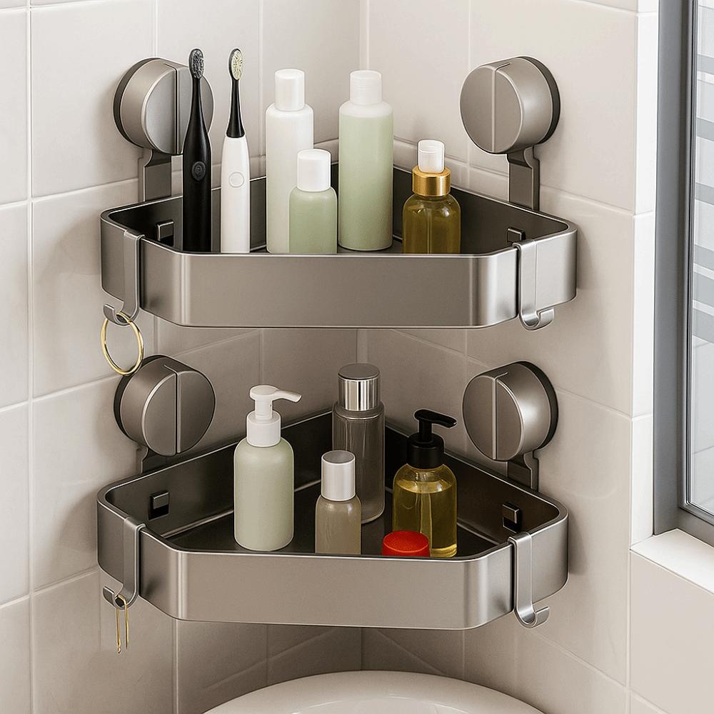 No Drilling Suction Cup Triangle Storage Rack Space Saving Large Capacity Wall Corner Shelf Rustproof with Hooks Bathroom Shelf