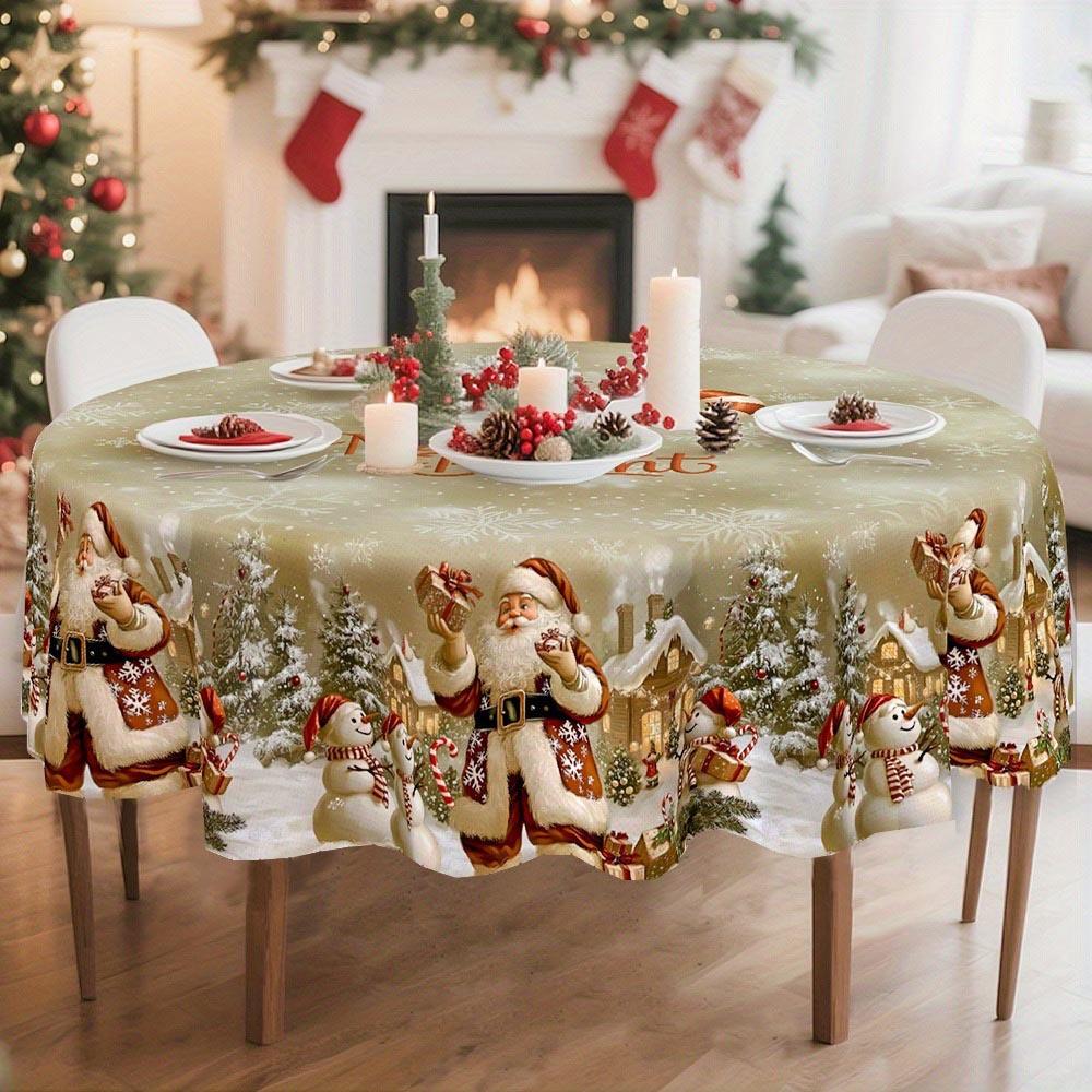 Round Christmas Tablecloth Santa Nutcracker Snowman Print Holiday Dining Table Cover Dustproof Home Decoration 150cm